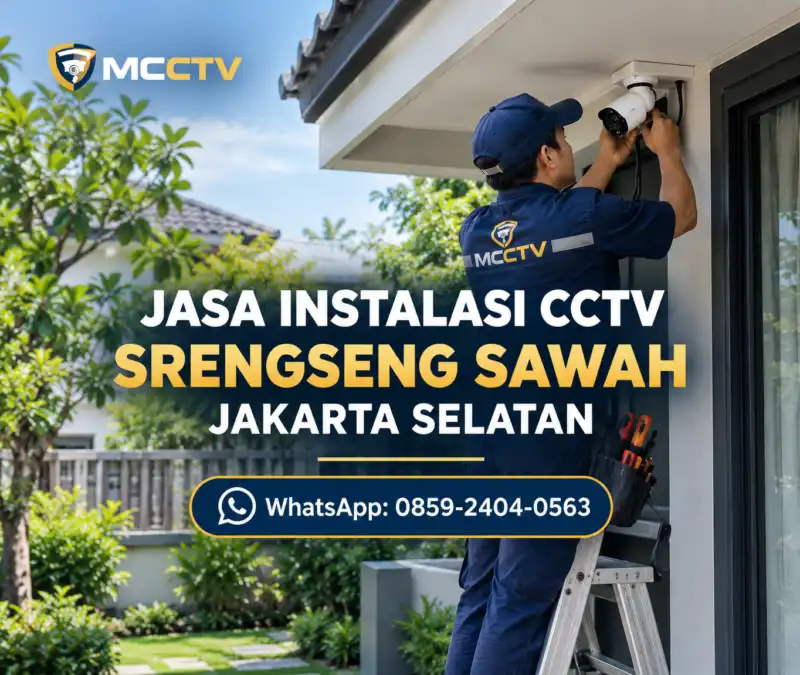 Teknisi MCCTV sedang memasang kamera CCTV pada rumah dengan halaman hijau di Srengseng Sawah Jakarta Selatan dengan layanan konsultasi WhatsApp 0859-2404-0563.