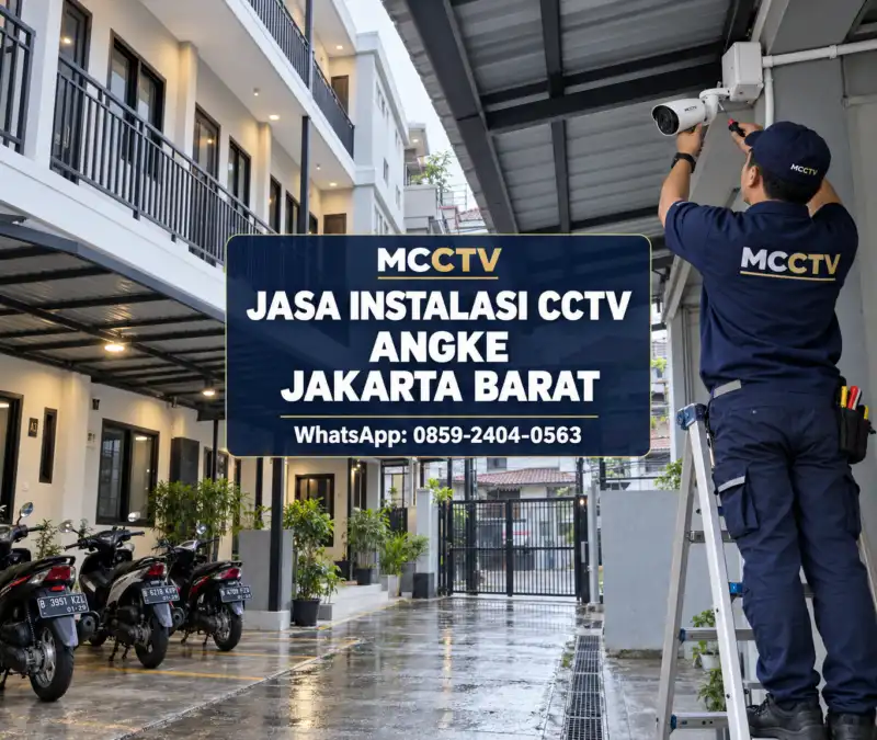 Teknisi MCCTV memasang kamera CCTV outdoor tahan cuaca pada area parkir motor kontrakan tiga lantai di Angke Tambora Jakarta Barat.