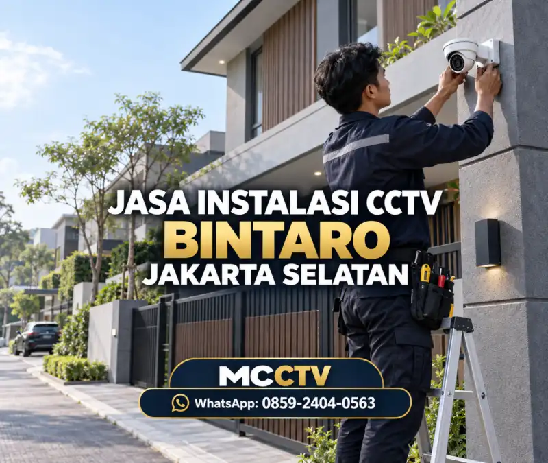 Teknisi MCCTV memasang kamera CCTV turret pada rumah modern di Bintaro, Jakarta Selatan.