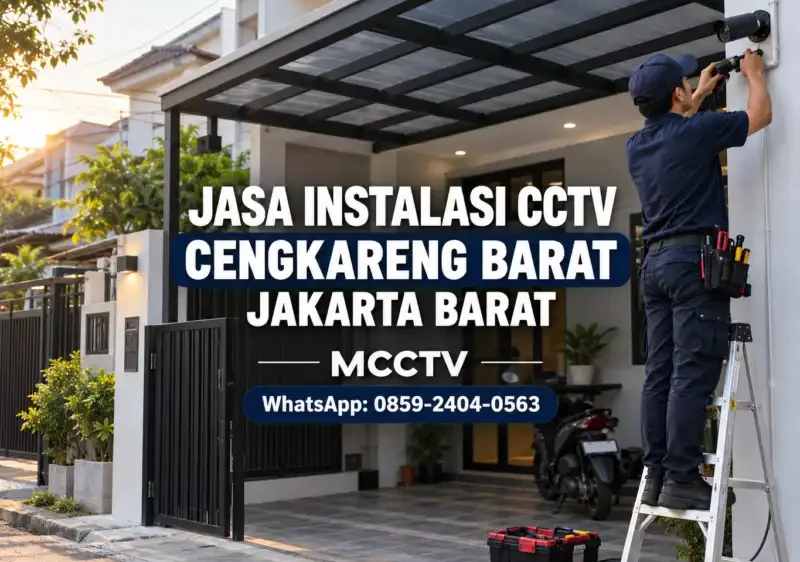 Teknisi MCCTV memasang kamera CCTV bullet di area carport rumah usaha di Cengkareng Barat, Jakarta Barat.