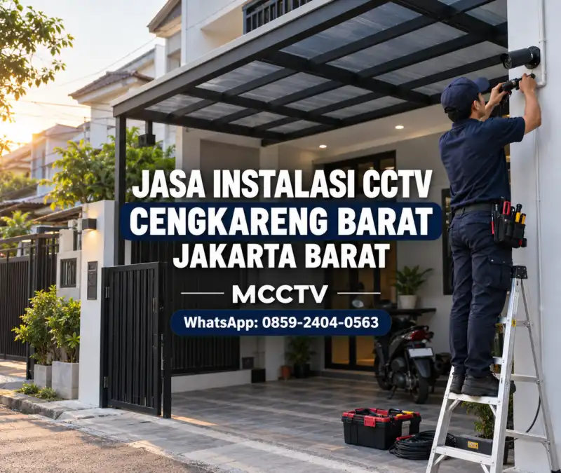 Teknisi MCCTV memasang kamera CCTV bullet di area carport rumah usaha di Cengkareng Barat, Jakarta Barat.