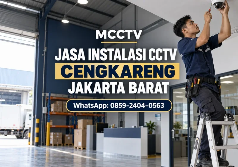 Teknisi MCCTV memasang kamera CCTV dome di area gudang usaha di Cengkareng, Jakarta Barat.