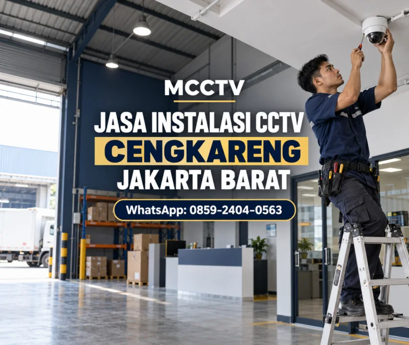 Teknisi MCCTV memasang kamera CCTV dome di area gudang usaha di Cengkareng, Jakarta Barat.