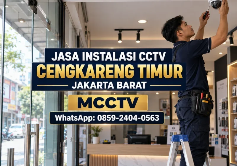 Teknisi MCCTV memasang kamera CCTV dome untuk toko dan ruko di Cengkareng Timur Jakarta Barat