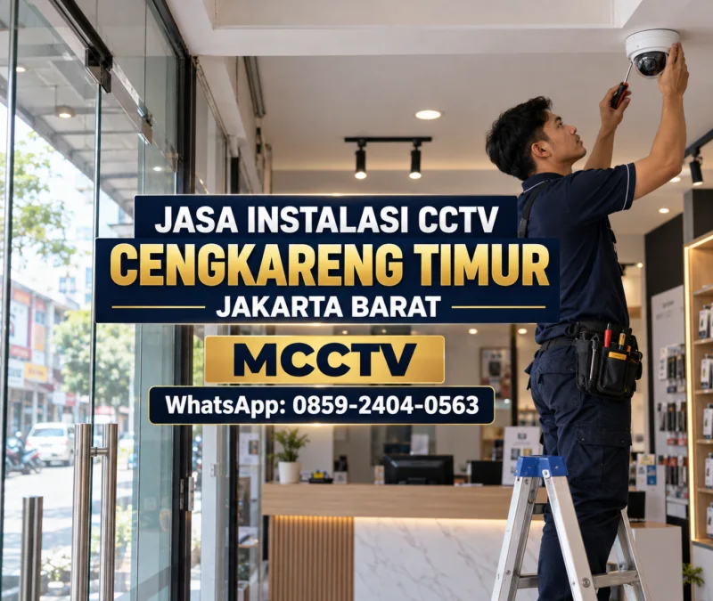 Teknisi MCCTV memasang kamera CCTV dome untuk toko dan ruko di Cengkareng Timur Jakarta Barat
