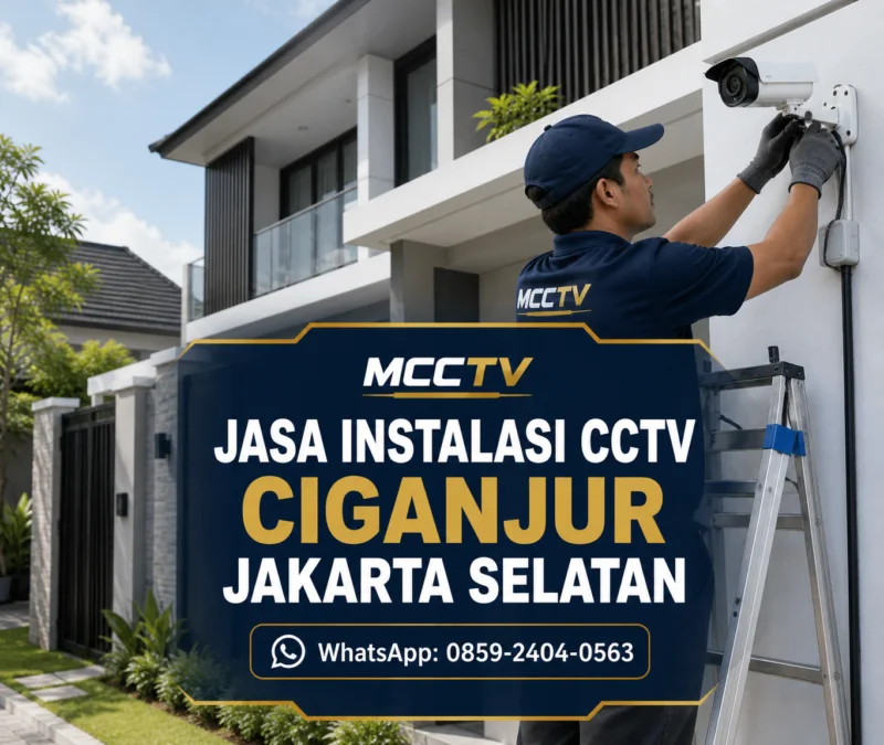 Teknisi MCCTV memasang kamera CCTV pada rumah bertingkat di Ciganjur Jakarta Selatan dengan jalur kabel rapi dan konsultasi pemasangan profesional.