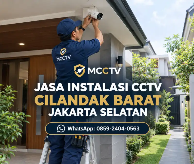 Teknisi MCCTV memasang kamera CCTV di rumah dengan halaman belakang di Cilandak Barat Jakarta Selatan, dengan instalasi rapi dan konsultasi gratis.