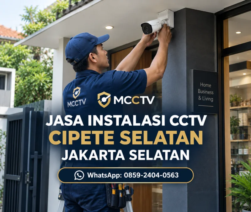 Teknisi MCCTV memasang kamera CCTV pada bangunan rumah dan usaha di Cipete Selatan Jakarta Selatan dengan instalasi rapi dan layanan konsultasi gratis.