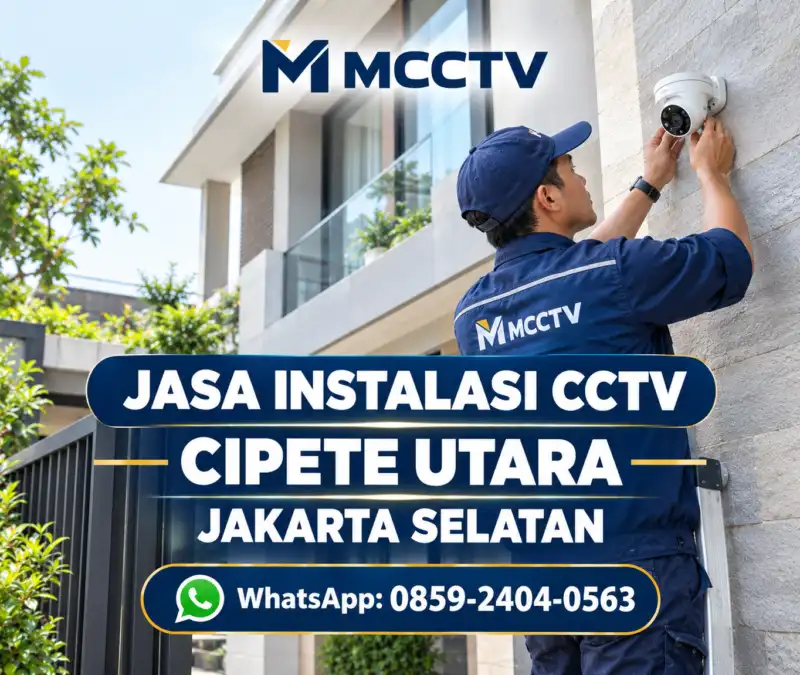 Teknisi MCCTV memasang kamera CCTV outdoor pada dinding samping rumah dua lantai di Cipete Utara, Jakarta Selatan.