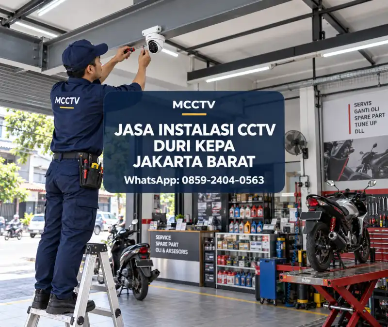 Teknisi MCCTV memasang kamera CCTV pada plafon bengkel motor di Duri Kepa Kebon Jeruk Jakarta Barat untuk mengawasi area servis kendaraan dan penerimaan pelanggan.