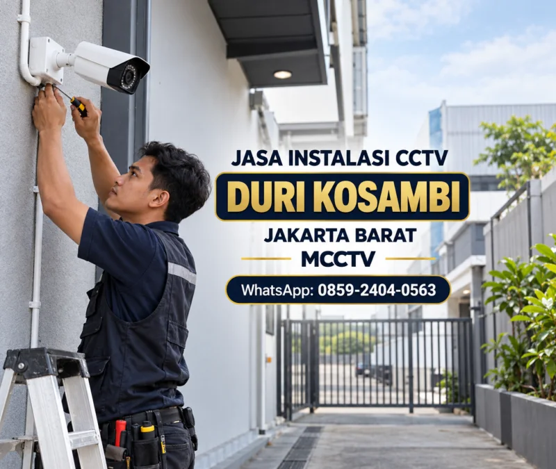 Teknisi MCCTV memasang kamera CCTV bullet pada dinding luar bangunan usaha di Duri Kosambi Jakarta Barat