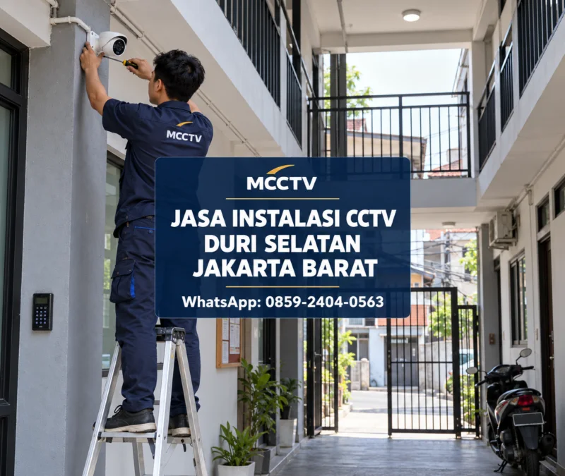 Teknisi MCCTV memasang kamera CCTV pada gerbang rumah kos tiga lantai di Duri Selatan Tambora Jakarta Barat dengan pemasangan profesional dan rapi.