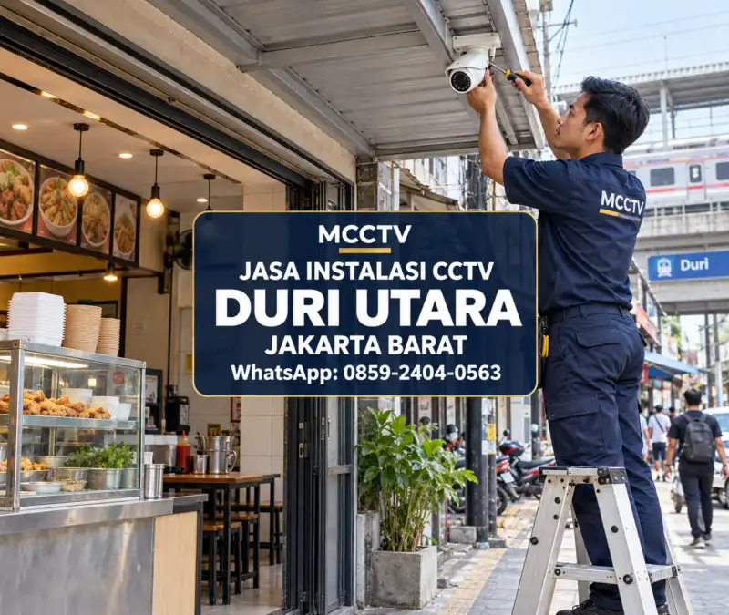 Teknisi MCCTV memasang kamera CCTV pada kanopi kios kuliner dekat Stasiun Duri di Duri Utara Tambora Jakarta Barat dengan instalasi profesional dan rapi.