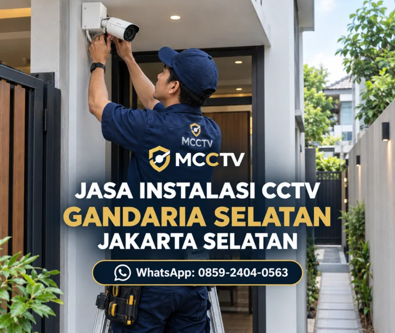 Teknisi MCCTV memasang kamera CCTV di rumah dengan akses samping di Gandaria Selatan Jakarta Selatan, dengan instalasi rapi dan konsultasi gratis.