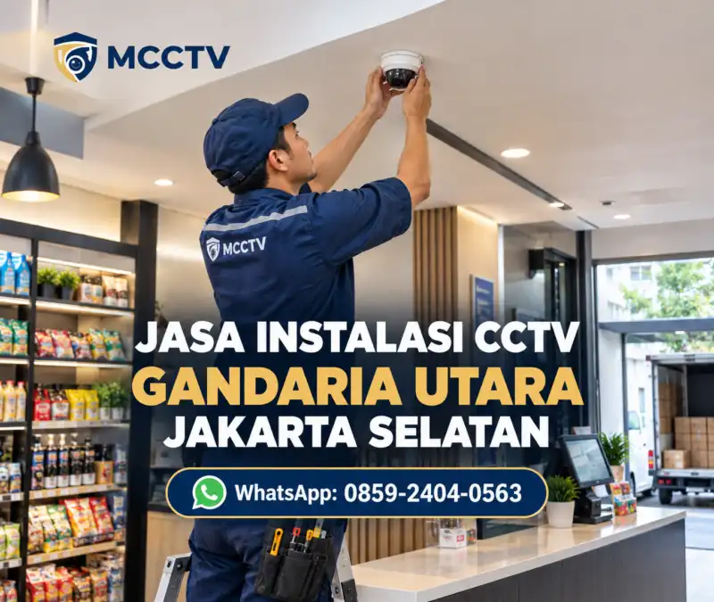 Teknisi MCCTV memasang kamera CCTV di area toko dengan meja kasir dan akses stok barang di Gandaria Utara, Jakarta Selatan.