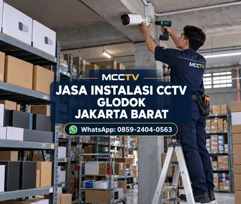 Teknisi MCCTV memasang kamera CCTV di gudang toko elektronik Glodok Jakarta Barat dengan instalasi kabel rapi dan sistem pengawasan profesional.