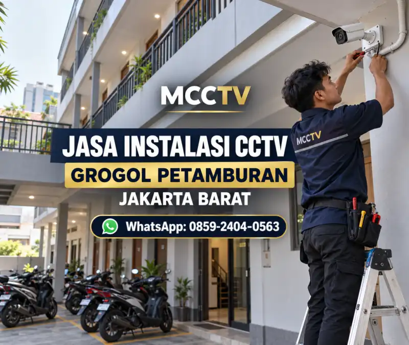 Teknisi MCCTV memasang kamera CCTV bullet di area parkir bangunan bertingkat kawasan Grogol Petamburan Jakarta Barat