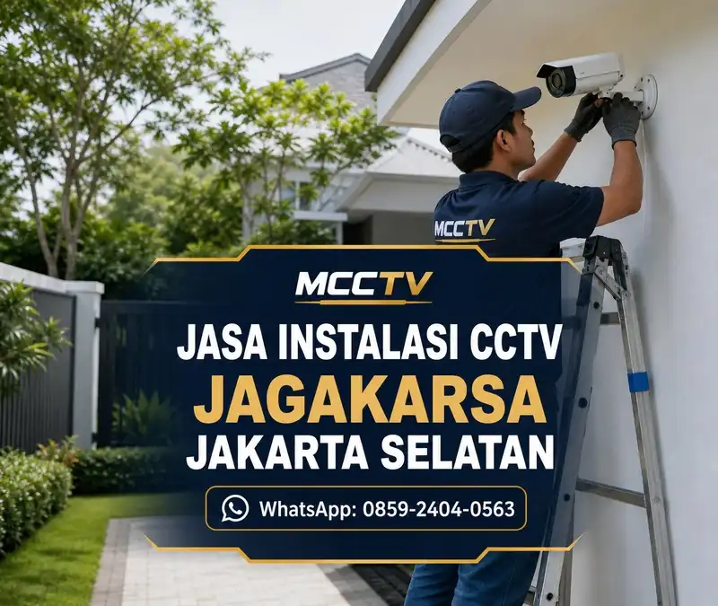 Teknisi MCCTV memasang kamera CCTV pada rumah dengan halaman hijau dan akses samping di Jagakarsa Jakarta Selatan, dengan instalasi rapi dan konsultasi gratis.