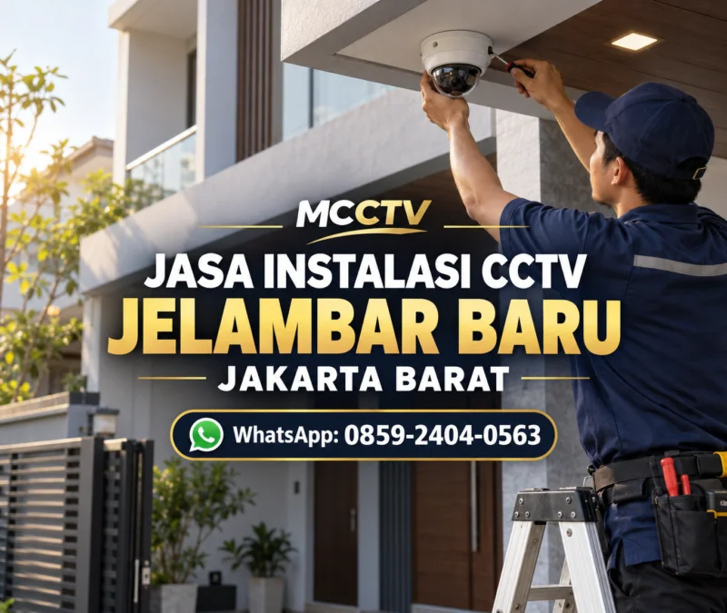 Teknisi MCCTV memasang kamera CCTV dome di bawah kanopi rumah dua lantai di Jelambar Baru Jakarta Barat