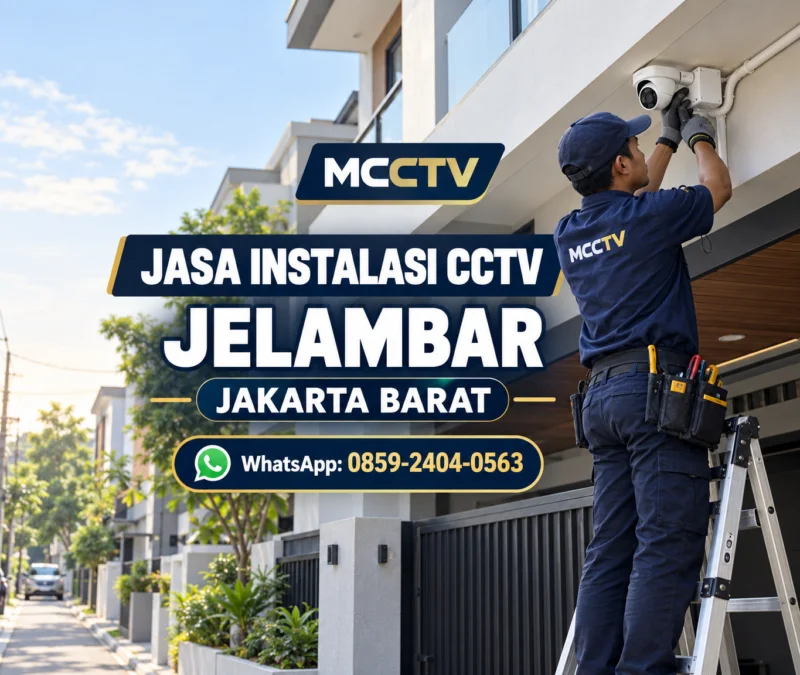 Teknisi MCCTV memasang kamera CCTV turret di fasad rumah dengan garasi di kawasan Jelambar Jakarta Barat