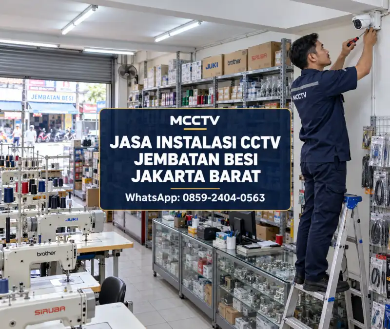 Teknisi MCCTV memasang kamera CCTV di toko perlengkapan mesin jahit dan suku cadang konveksi kawasan Jembatan Besi Tambora Jakarta Barat.