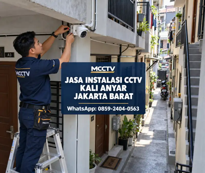 Teknisi MCCTV memasang kamera CCTV pada persimpangan lorong rumah petak bertingkat di Kali Anyar Tambora Jakarta Barat dengan instalasi kabel rapi.