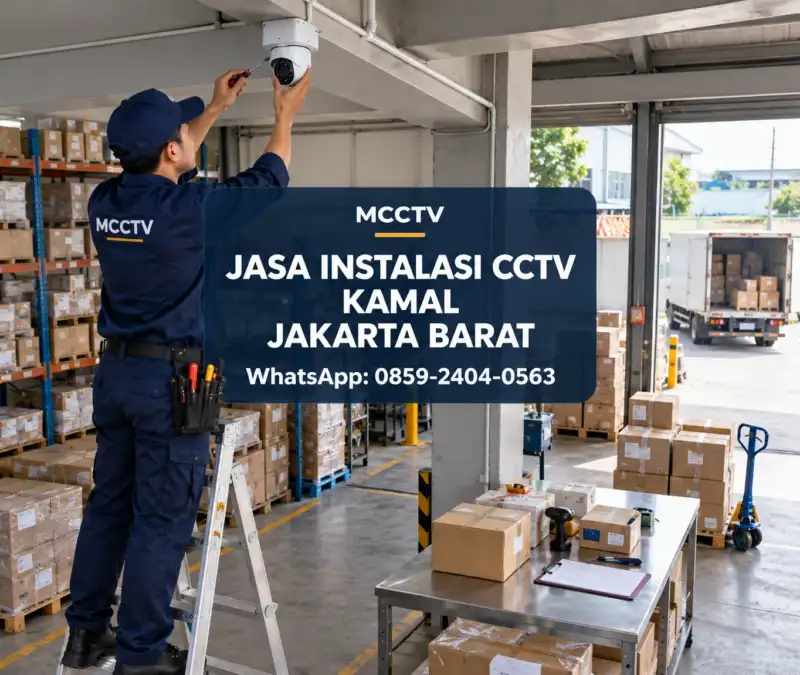 Teknisi MCCTV memasang kamera CCTV pada area pemeriksaan dan pengiriman barang di gudang distribusi Kamal Kalideres Jakarta Barat dengan instalasi kabel rapi.