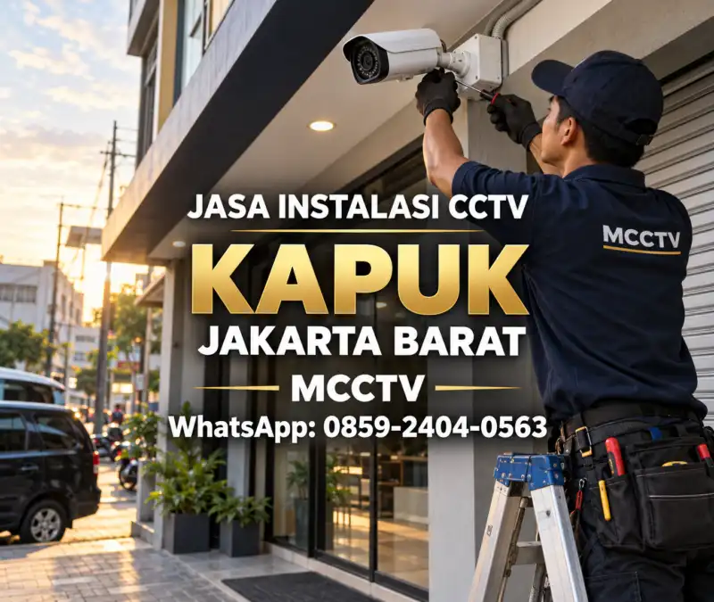 Teknisi MCCTV memasang kamera CCTV outdoor di pintu bangunan usaha kawasan Kapuk Jakarta Barat