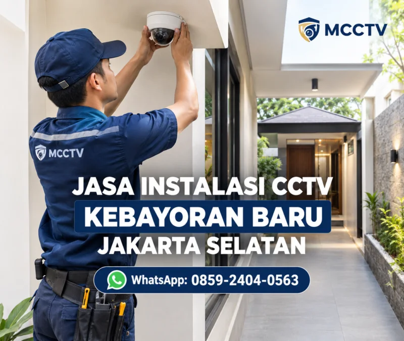 Teknisi MCCTV memasang kamera CCTV di koridor rumah modern dengan akses paviliun di Kebayoran Baru Jakarta Selatan, konsultasi WhatsApp 0859-2404-0563.