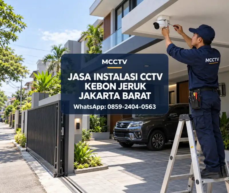 Teknisi MCCTV memasang kamera CCTV di bawah kanopi carport rumah modern dua lantai di Kebon Jeruk Jakarta Barat dengan pengawasan gerbang otomatis.