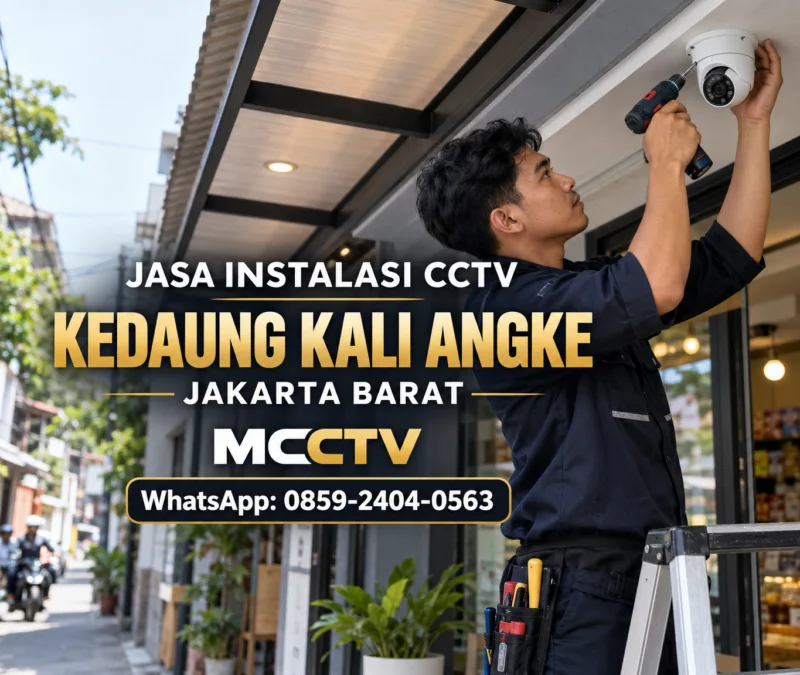 Teknisi MCCTV memasang kamera CCTV turret di teras bangunan usaha kawasan Kedaung Kali Angke Jakarta Barat