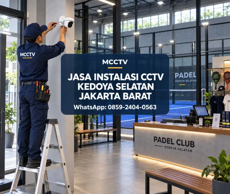 Teknisi MCCTV memasang kamera CCTV di lobi fasilitas olahraga padel indoor Kedoya Selatan Kebon Jeruk Jakarta Barat untuk mengawasi resepsionis dan akses pengunjung.