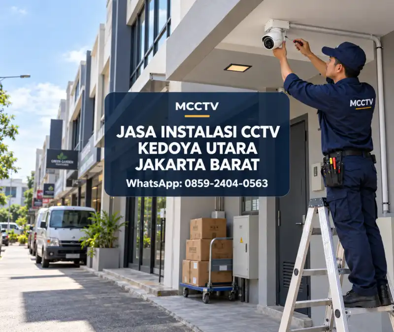 Teknisi MCCTV memasang kamera CCTV outdoor pada pintu servis samping ruko di kawasan Green Garden Kedoya Utara Kebon Jeruk Jakarta Barat dengan instalasi kabel rapi.
