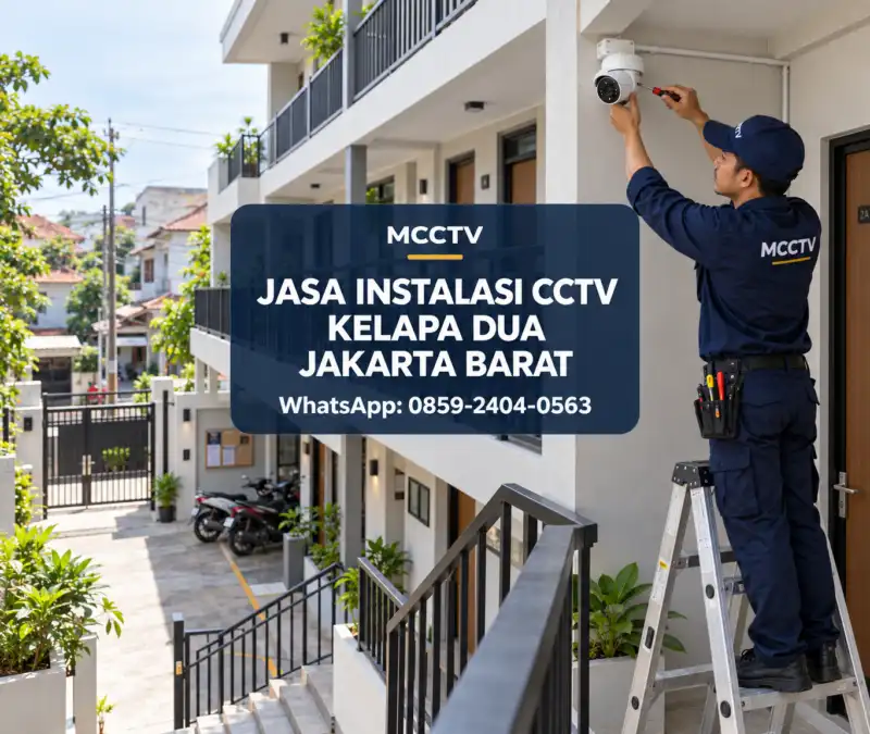 Teknisi MCCTV memasang kamera CCTV pada area tangga dan akses gerbang kos mahasiswa tiga lantai di Kelapa Dua Kebon Jeruk Jakarta Barat.
