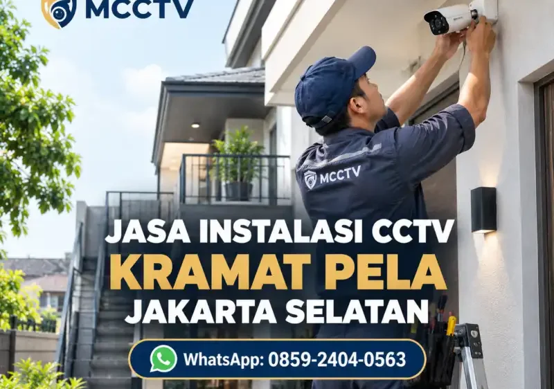 Teknisi MCCTV memasang kamera CCTV outdoor pada dinding rumah dua lantai dengan akses teras servis di Kramat Pela, Jakarta Selatan.