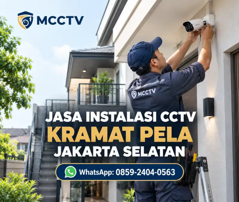 Teknisi MCCTV memasang kamera CCTV outdoor pada dinding rumah dua lantai dengan akses teras servis di Kramat Pela, Jakarta Selatan.