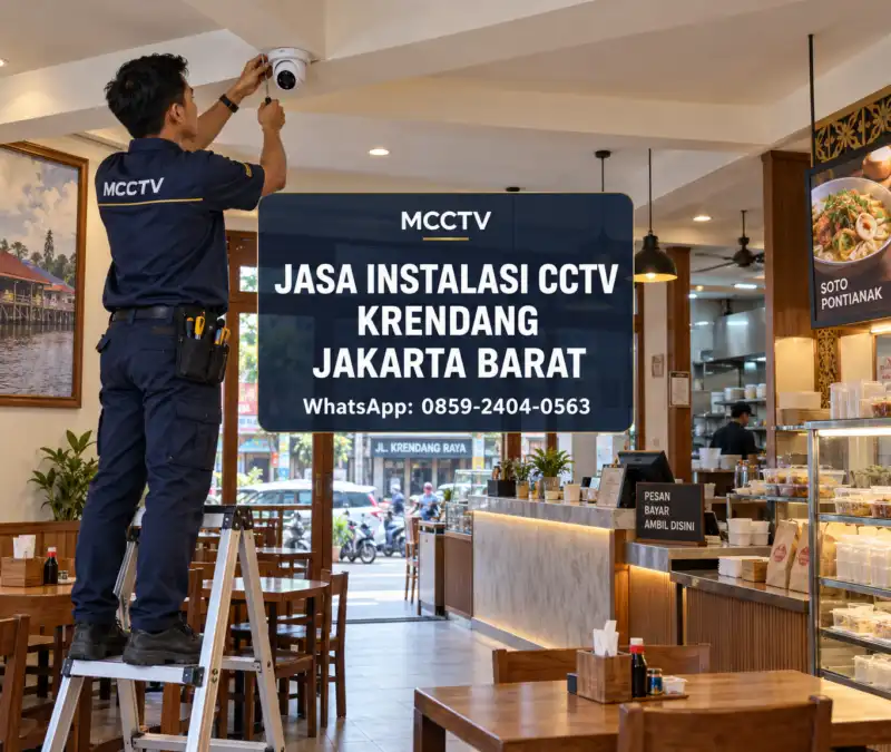 Teknisi MCCTV memasang kamera CCTV pada area kasir dan pengambilan pesanan restoran khas Pontianak di Krendang Tambora Jakarta Barat.