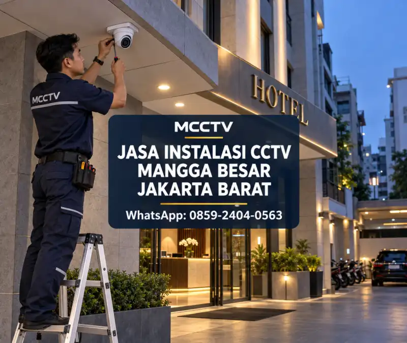 Teknisi MCCTV memasang kamera CCTV di area pintu masuk dan parkir hotel Mangga Besar Jakarta Barat dengan instalasi profesional dan rapi.