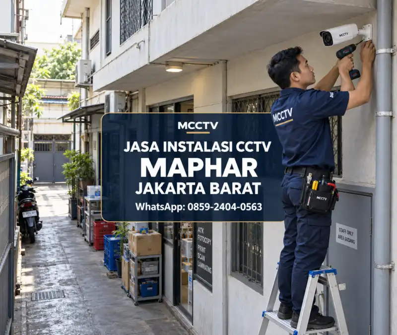 Teknisi MCCTV memasang kamera CCTV pada lorong servis bangunan usaha tiga lantai di Maphar Taman Sari Jakarta Barat dengan instalasi rapi dan profesional.