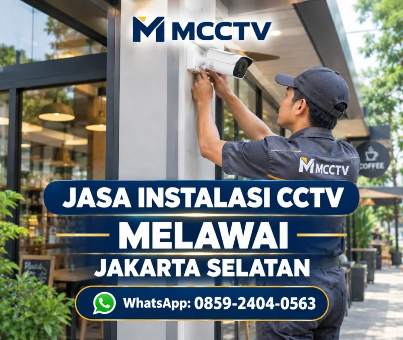 Teknisi MCCTV memasang kamera CCTV bullet pada dinding eksterior kafe modern di Melawai, Jakarta Selatan.