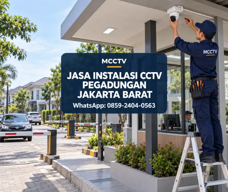 Teknisi MCCTV memasang kamera CCTV pada pos keamanan perumahan di Pegadungan Kalideres Jakarta Barat untuk mengawasi gerbang masuk, kendaraan tamu, dan akses penghuni.