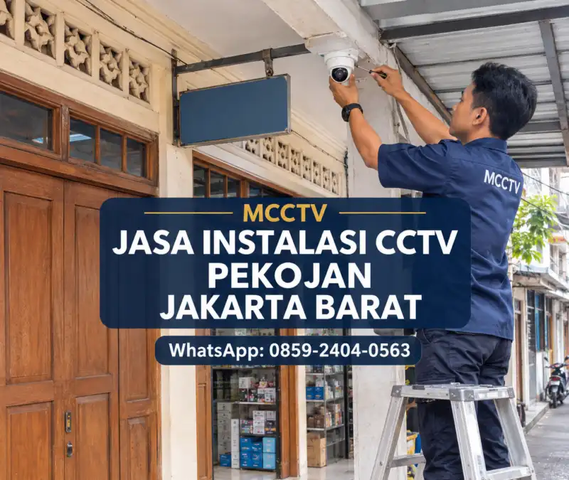 Teknisi MCCTV memasang kamera CCTV pada kanopi ruko berarsitektur lama di Pekojan Tambora Jakarta Barat dengan instalasi kabel rapi dan minim perubahan bangunan.