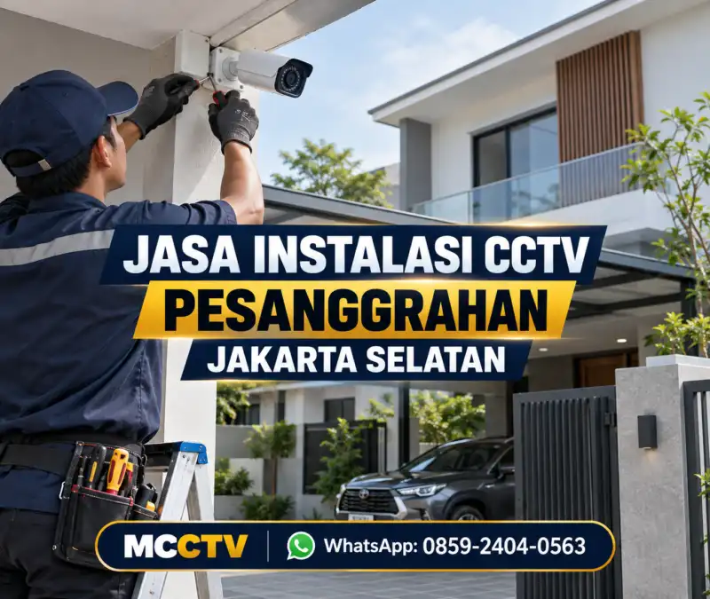 Teknisi MCCTV memasang kamera CCTV di area carport rumah modern untuk layanan instalasi CCTV Pesanggrahan Jakarta Selatan.