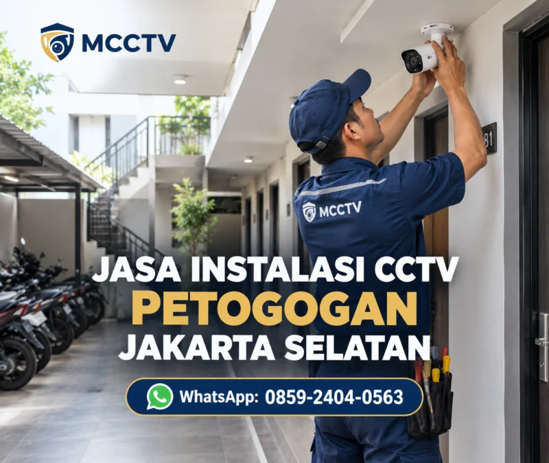 Teknisi MCCTV memasang kamera CCTV di koridor kos dengan area parkir bersama di Petogogan, Jakarta Selatan.
