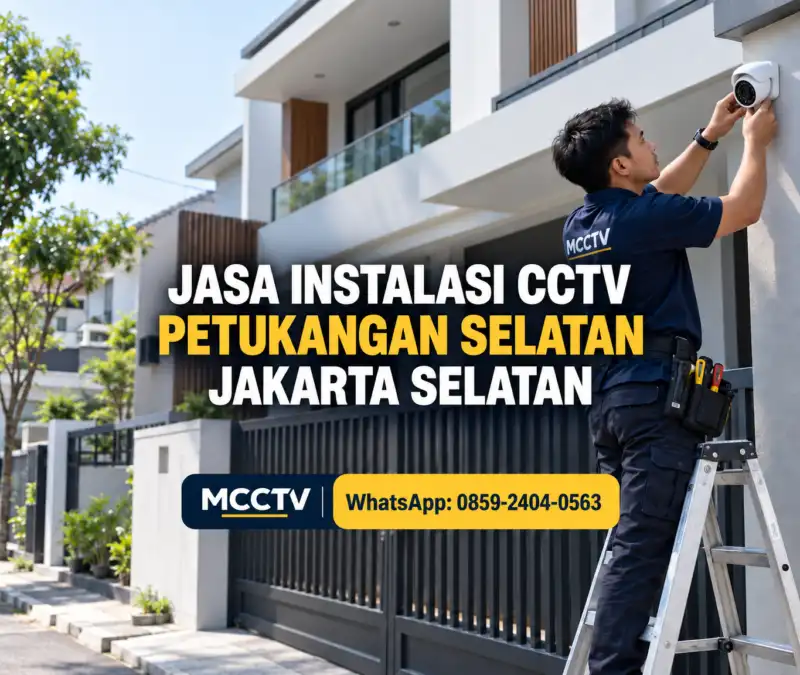 Teknisi MCCTV memasang kamera CCTV turret pada dinding rumah bertingkat untuk layanan instalasi CCTV Petukangan Selatan Jakarta Selatan.