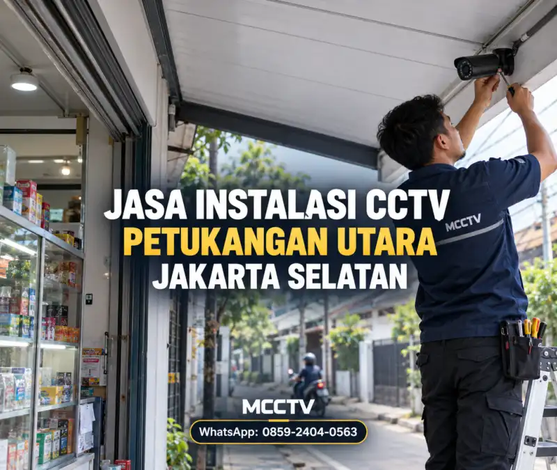Teknisi MCCTV memasang kamera CCTV bullet di bawah kanopi toko untuk layanan instalasi CCTV Petukangan Utara Jakarta Selatan.