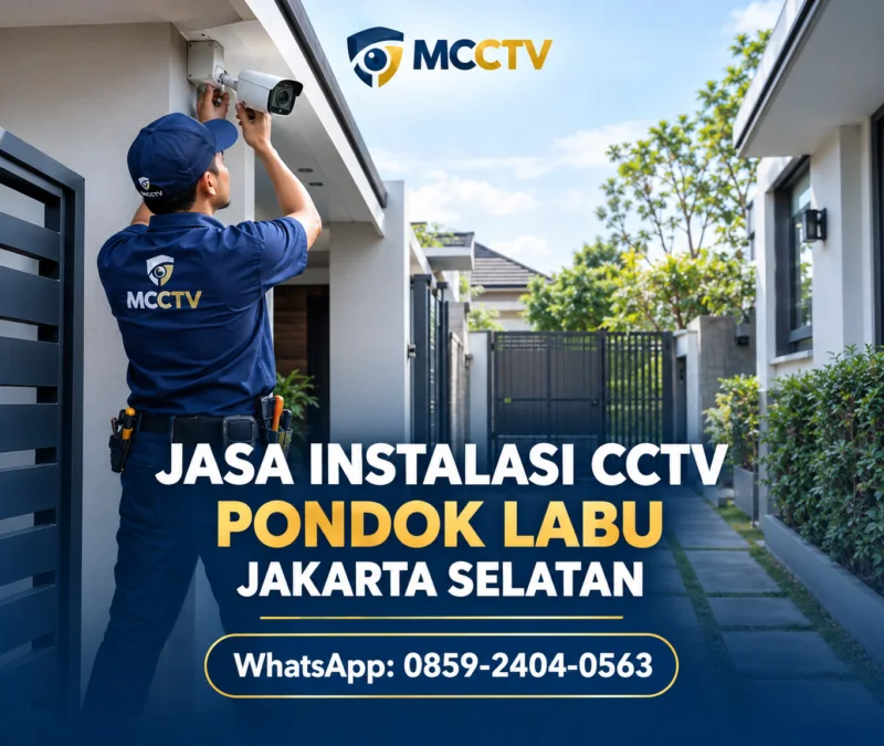 Teknisi MCCTV memasang kamera CCTV di sisi rumah modern dengan area servis di Pondok Labu Jakarta Selatan, untuk membantu pengawasan rumah dengan instalasi rapi.