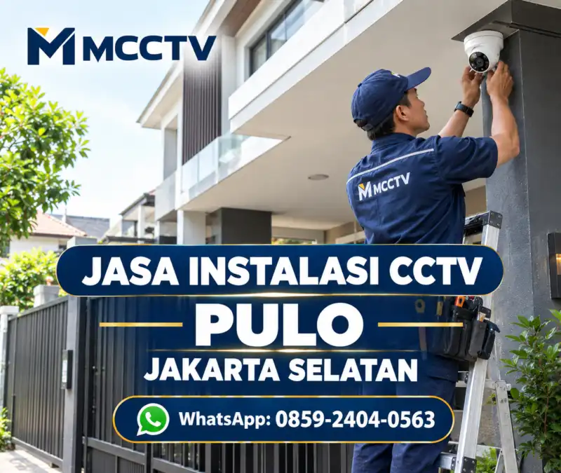 Teknisi MCCTV memasang kamera CCTV outdoor pada dinding rumah modern di Pulo, Jakarta Selatan.