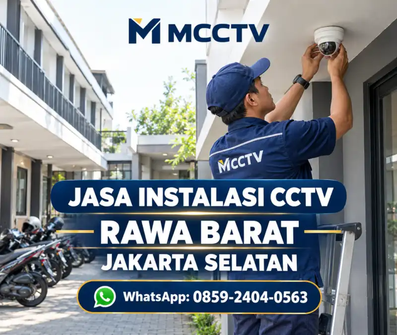 Teknisi MCCTV memasang kamera CCTV dome pada kanopi bangunan kos dengan area parkir motor di Rawa Barat, Jakarta Selatan.