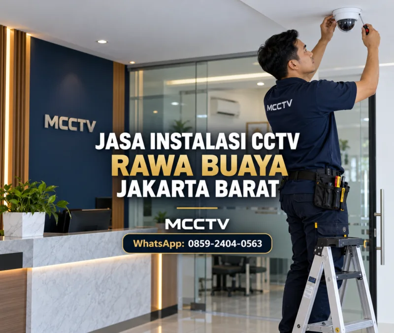 Teknisi MCCTV memasang kamera CCTV dome di area administrasi usaha kawasan Rawa Buaya Jakarta Barat